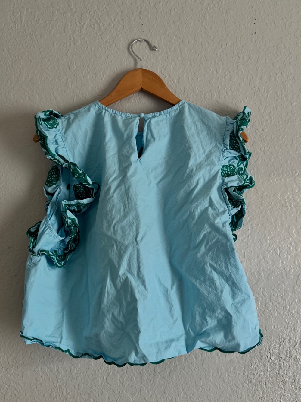 Anthropologie THML Teal Embroidered Flutter Sleeve Crop Top - Light Blue/Teal - Picture 4 of 4